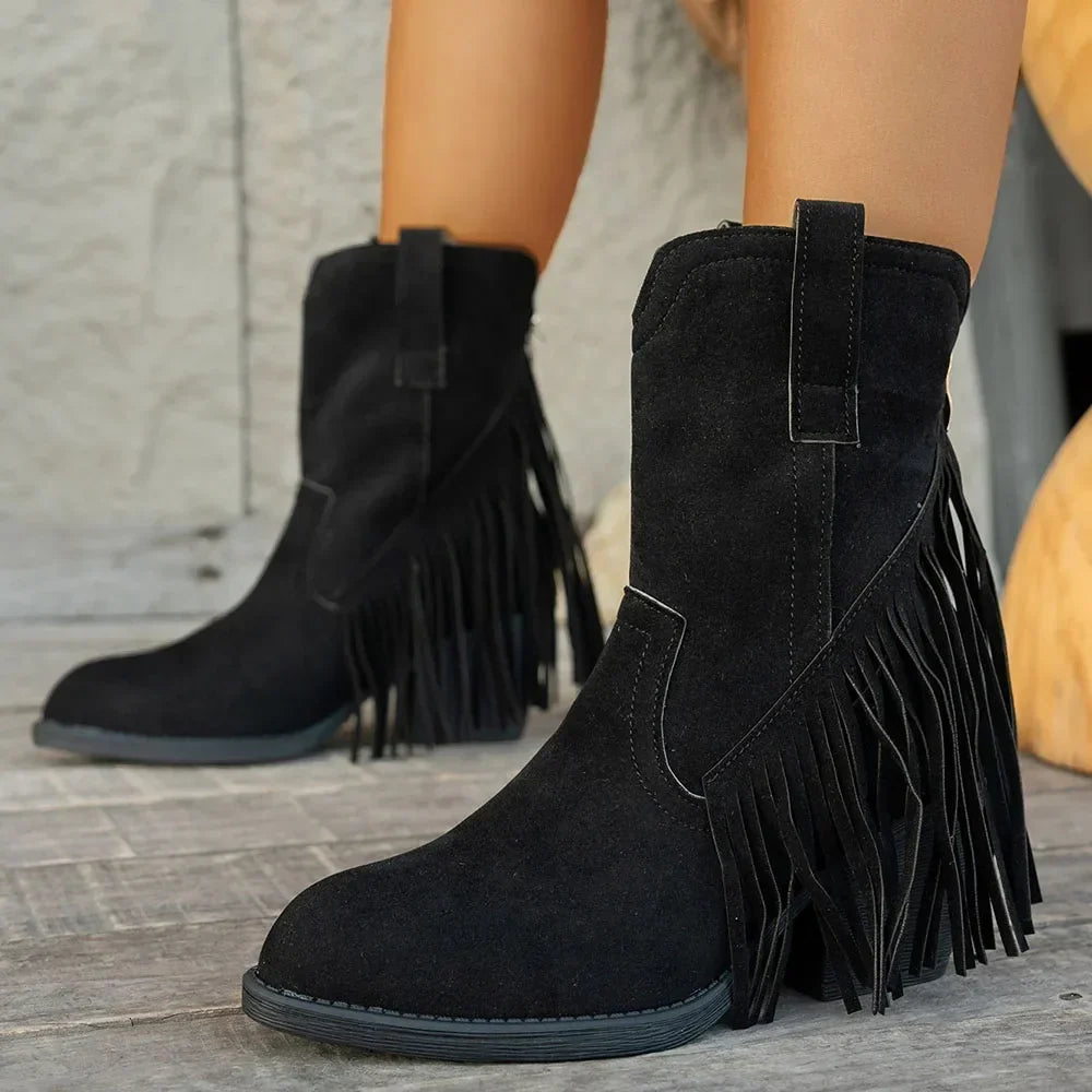 Damen Cowboystiefel mit Fransen, spitzer Zehe und Blockabsatz in Wildleder-Optik