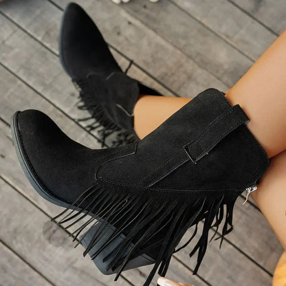 Damen Cowboystiefel mit Fransen, spitzer Zehe und Blockabsatz in Wildleder-Optik