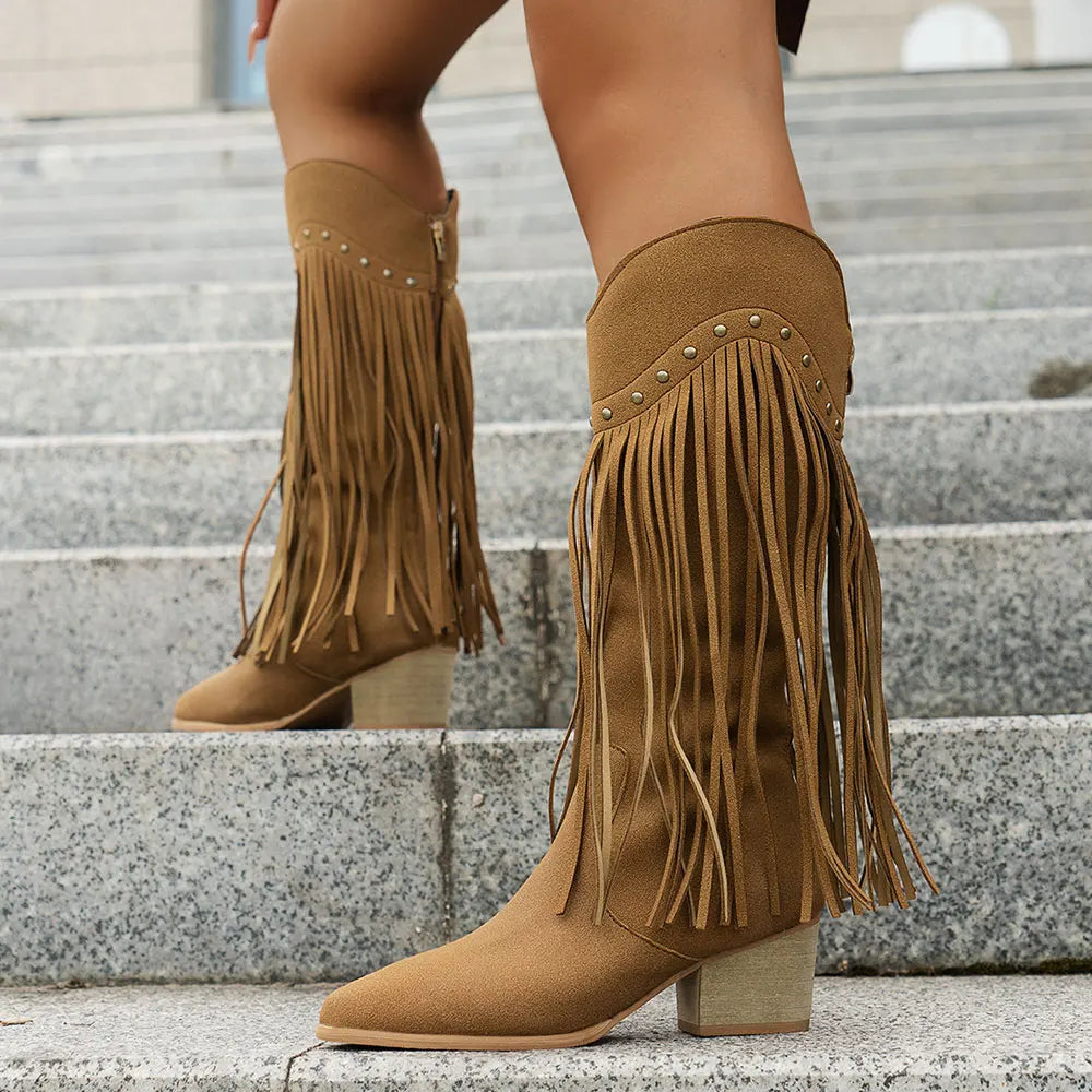 Damen Cowboystiefel mit Fransen, spitzer Zehe und Blockabsatz in Wildleder-Optik