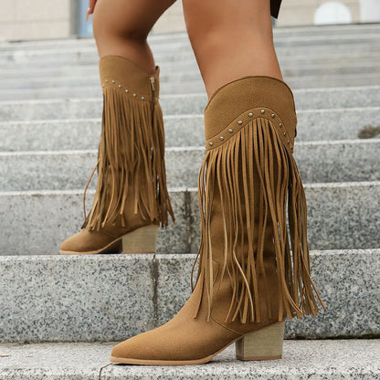 Damen Cowboystiefel mit Fransen, spitzer Zehe und Blockabsatz in Wildleder-Optik