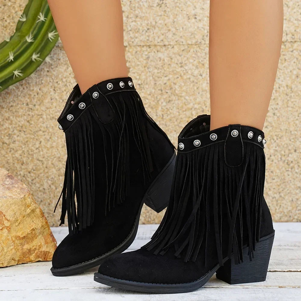 Damen Cowboystiefel mit Fransen, spitzer Zehe und Blockabsatz in Wildleder-Optik