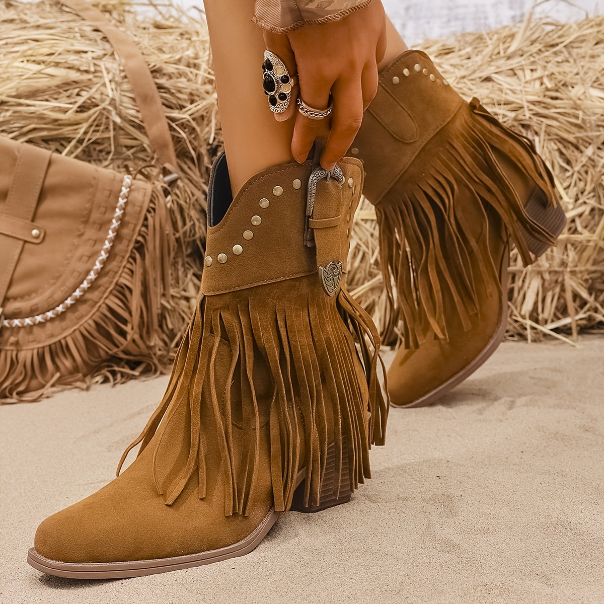 Damen Western Stiefeletten mit Fransen und Nieten, mittelhoher Absatz