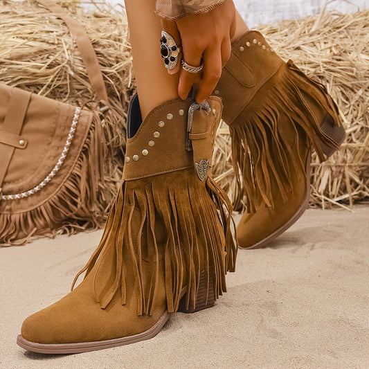 Damen Western Stiefeletten mit Fransen und Nieten, mittelhoher Absatz