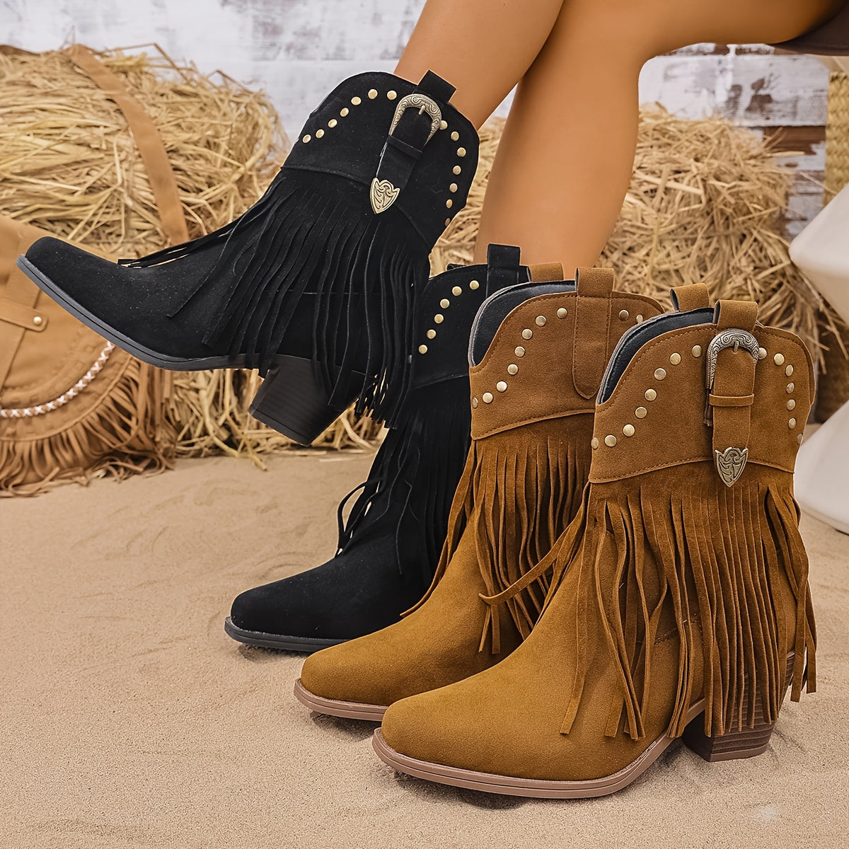Damen Western Stiefeletten mit Fransen und Nieten, mittelhoher Absatz