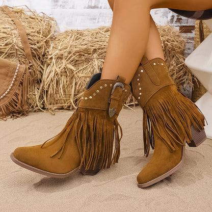 Damen Western Stiefeletten mit Fransen und Nieten, mittelhoher Absatz