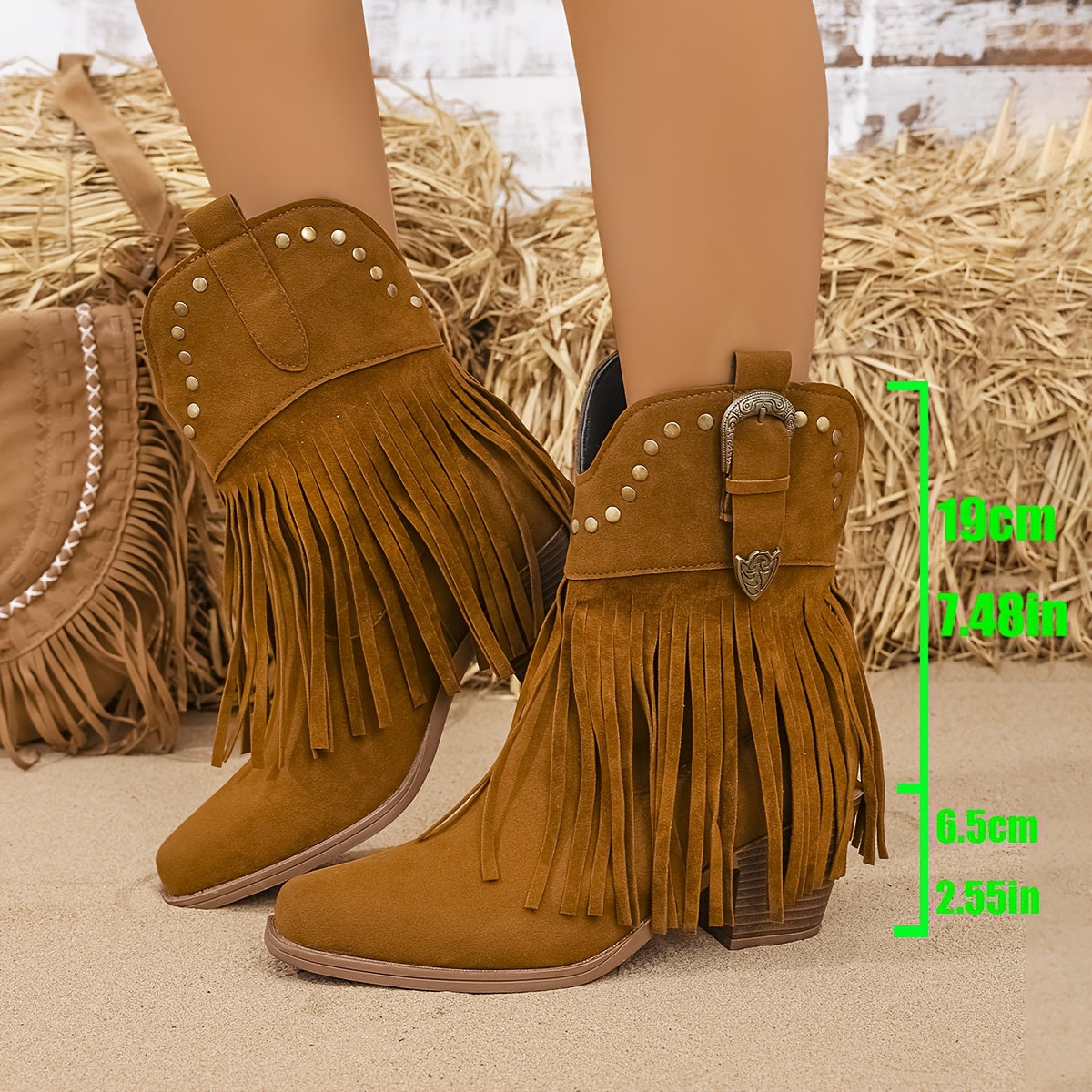 Damen Western Stiefeletten mit Fransen und Nieten, mittelhoher Absatz