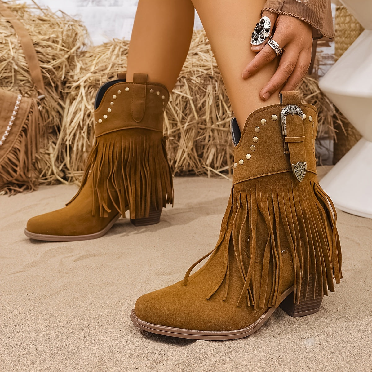 Damen Western Stiefeletten mit Fransen und Nieten, mittelhoher Absatz