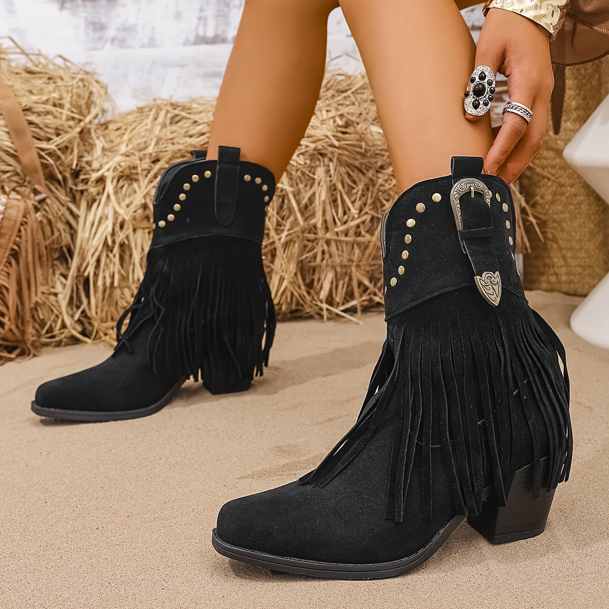 Damen Western Stiefeletten mit Fransen und Nieten, mittelhoher Absatz