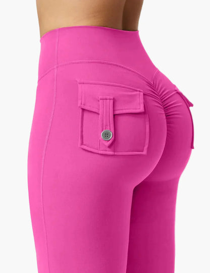 Damen Bootcut Cargo Fitness Leggings mit Push-Up Effekt und Taschen – Sport & Freizeit
