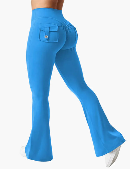 Damen Bootcut Cargo Fitness Leggings mit Push-Up Effekt und Taschen – Sport & Freizeit