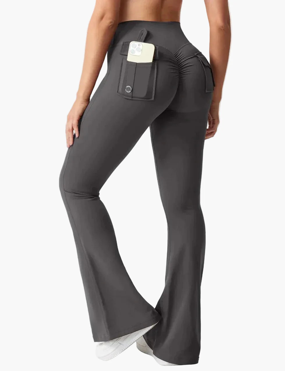 Damen Bootcut Cargo Fitness Leggings mit Push-Up Effekt und Taschen – Sport & Freizeit