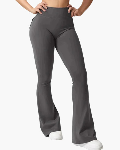 Damen Bootcut Cargo Fitness Leggings mit Push-Up Effekt und Taschen – Sport & Freizeit