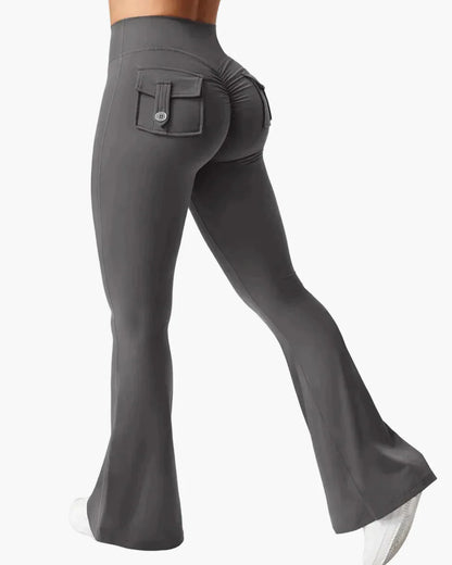 Damen Bootcut Cargo Fitness Leggings mit Push-Up Effekt und Taschen – Sport & Freizeit