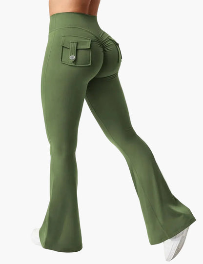 Damen Bootcut Cargo Fitness Leggings mit Push-Up Effekt und Taschen – Sport & Freizeit