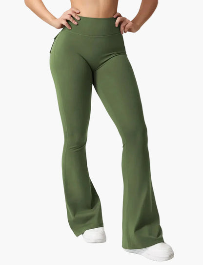 Damen Bootcut Cargo Fitness Leggings mit Push-Up Effekt und Taschen – Sport & Freizeit