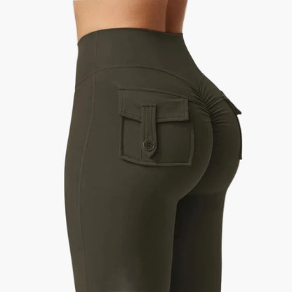 Damen Bootcut Cargo Fitness Leggings mit Push-Up Effekt und Taschen – Sport & Freizeit