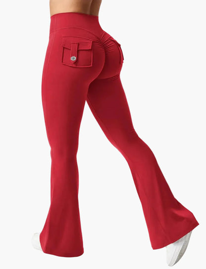 Damen Bootcut Cargo Fitness Leggings mit Push-Up Effekt und Taschen – Sport & Freizeit