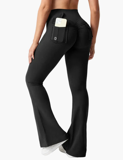 Damen Bootcut Cargo Fitness Leggings mit Push-Up Effekt und Taschen – Sport & Freizeit