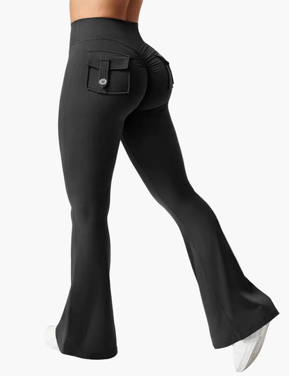 Damen Bootcut Cargo Fitness Leggings mit Push-Up Effekt und Taschen – Sport & Freizeit