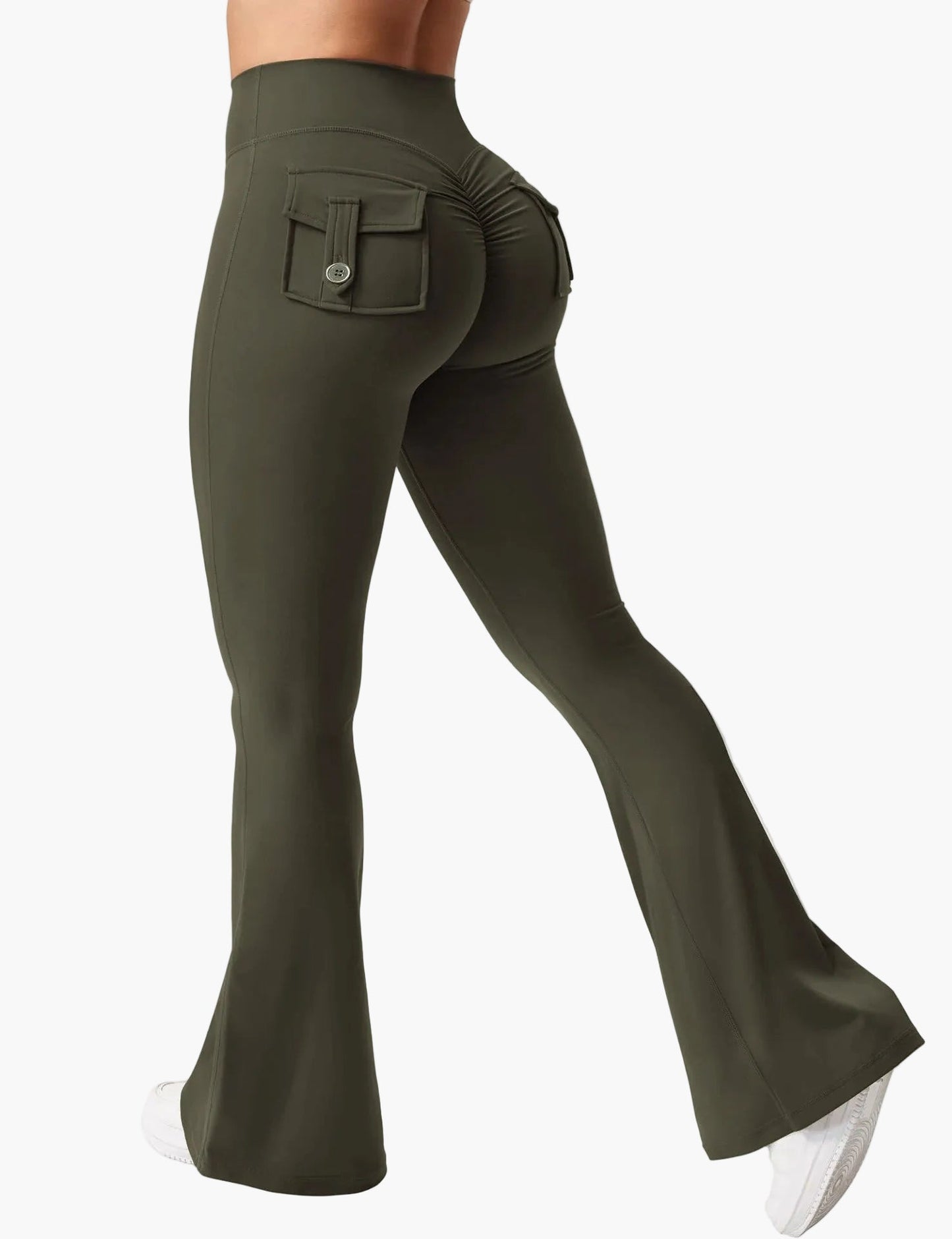 Damen Bootcut Cargo Fitness Leggings mit Push-Up Effekt und Taschen – Sport & Freizeit