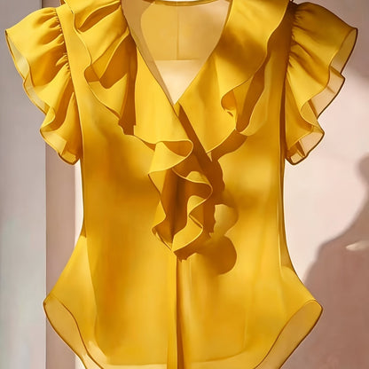 Damen Rüschenbluse mit V-Ausschnitt und Volantärmeln – Elegante Chiffonbluse für Büro und besondere Anlässe