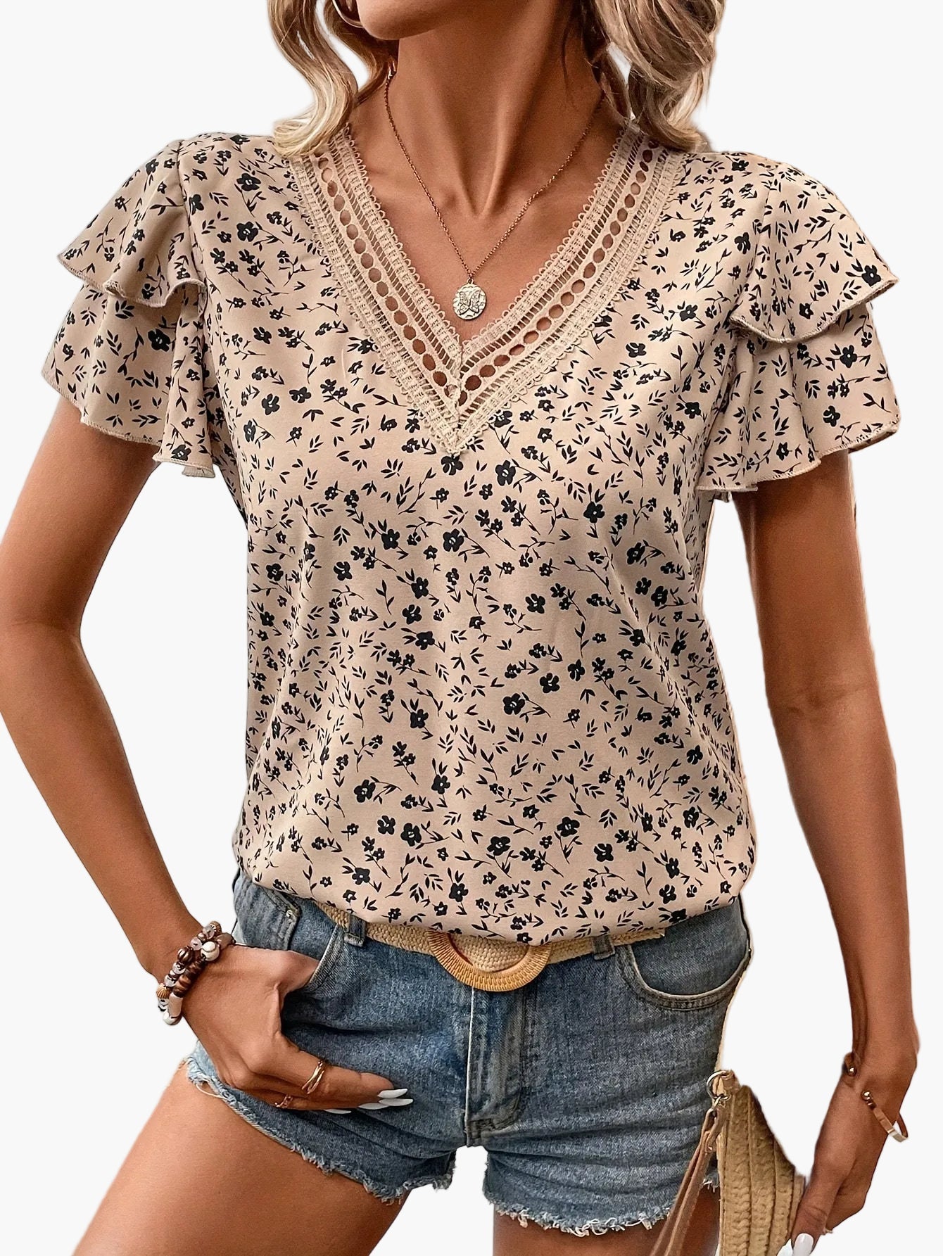 Damen Bluse mit V-Ausschnitt und Rüschenärmeln – Eleganter Sommer Stil für Freizeit und Alltag
