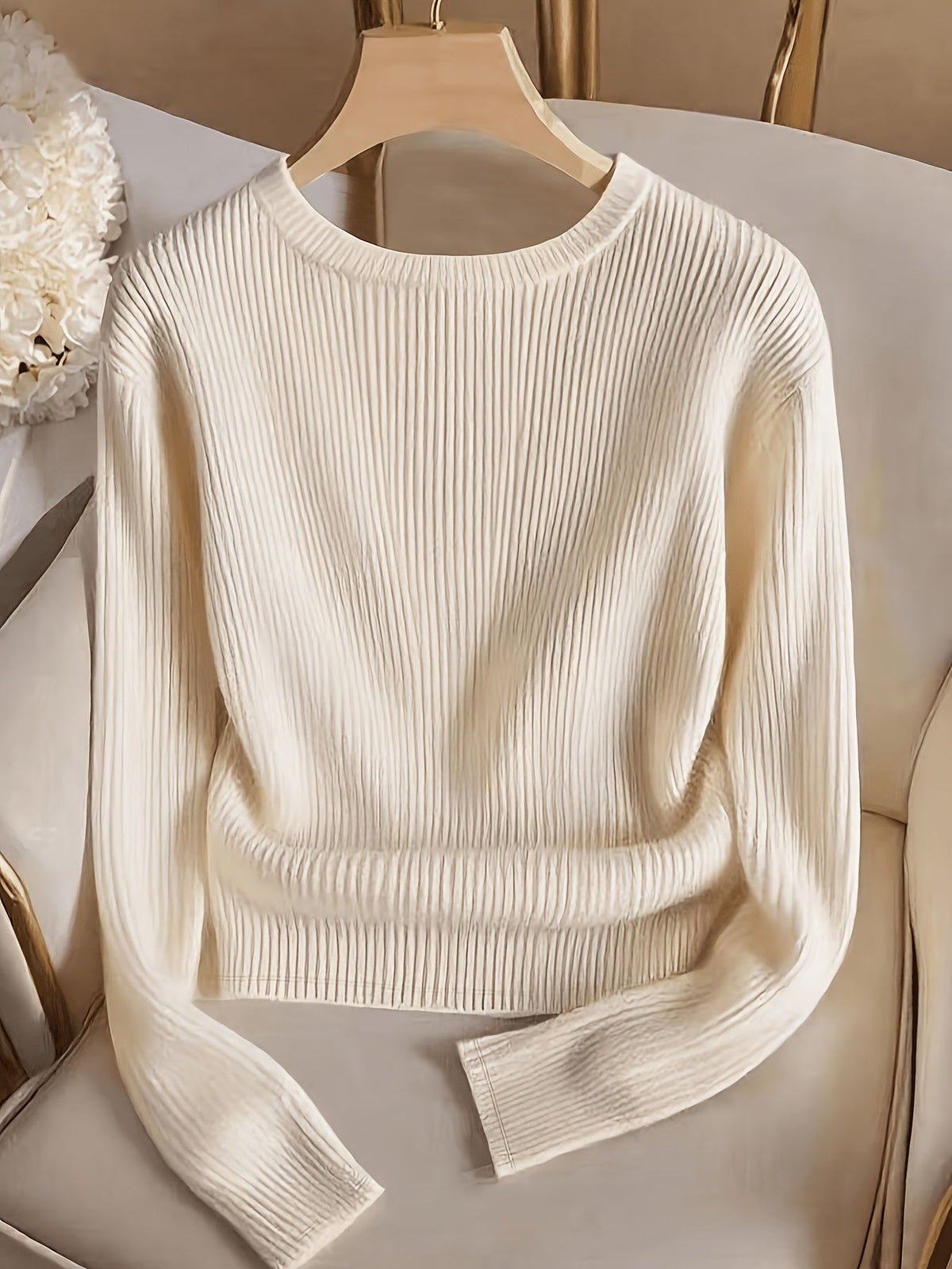 Damen Gerippter Pullover Langarm Rundhals mit Zierknöpfen