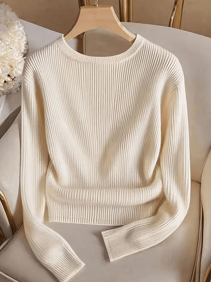 Damen Gerippter Pullover Langarm Rundhals mit Zierknöpfen