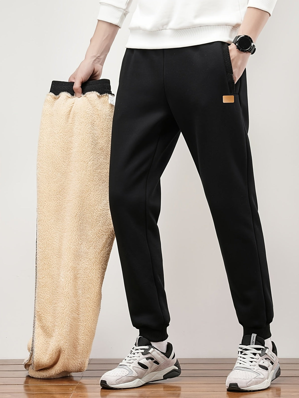 Unisex Schwarze Warme Jogginghose mit Fleecefutter