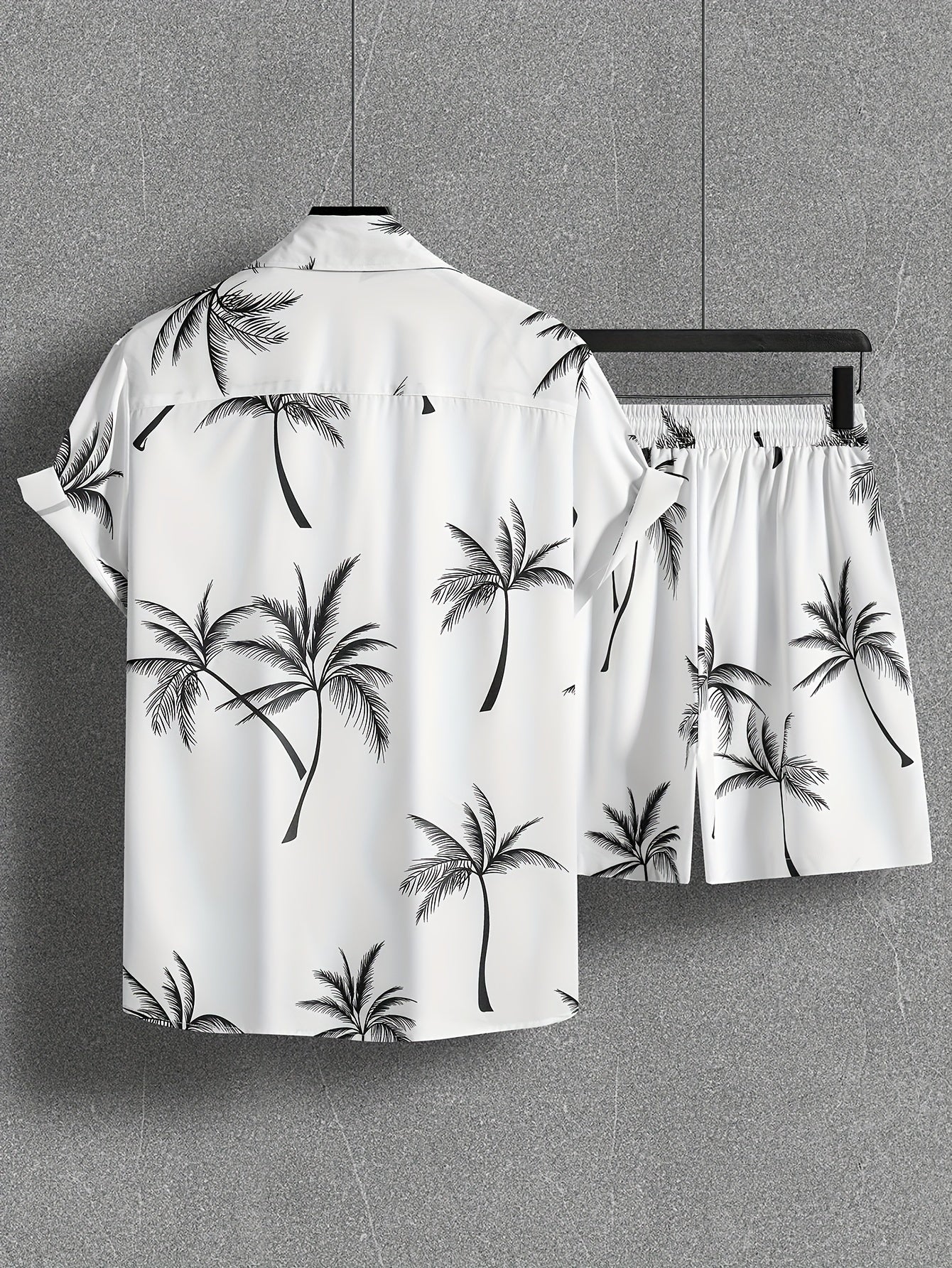 Herren Strand Outfit Zweiteiler mit Palmenmuster – Freizeit Hemd und Shorts Set