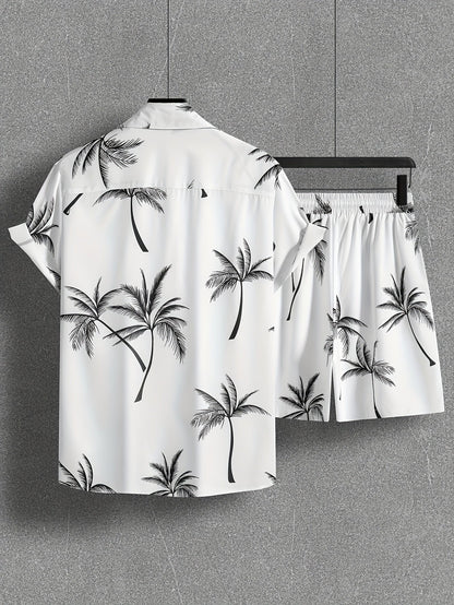 Herren Strand Outfit Zweiteiler mit Palmenmuster – Freizeit Hemd und Shorts Set