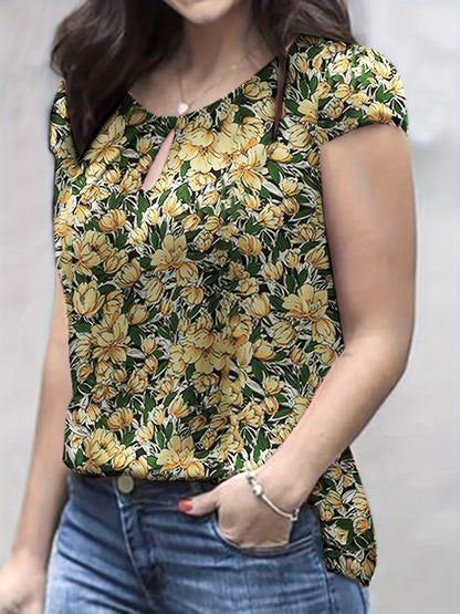 Damen Bluse mit Blumenmuster und Raffungen – Kurzarm, elegant, vielseitig für Büro & Freizeit