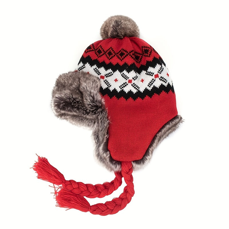 Winter Bommelmütze mit Ohrenklappen Strick & Kunstfell Norwegermuster