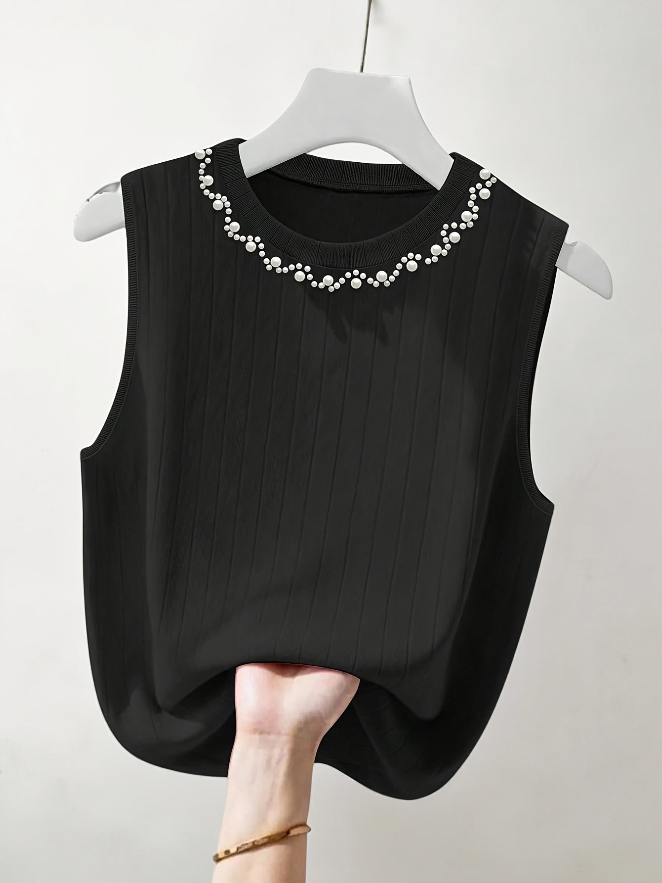Damen Elegantes Stricktop mit Perlenbesatz – Ärmelloses Oberteil für modische Anlässe