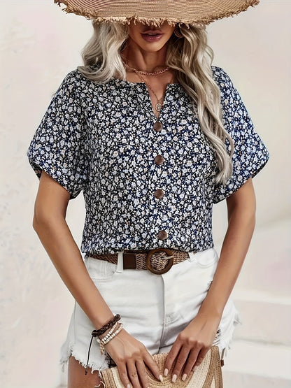 Damen Bluse mit Knopfleiste – Sommerlicher Blumenprint, Kurzarm, Eleganter Freizeit-Look