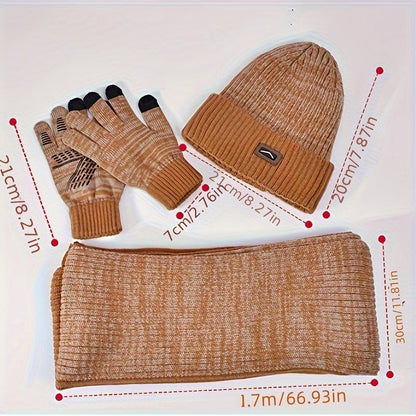 Unisex Wintermütze Schal Handschuhe Set, Gestrickt mit Innenfutter, Grau Melange