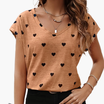 Damen Herzmuster V-Ausschnitt T-Shirt – Modisches Freizeitshirt für Alltag und Sommer