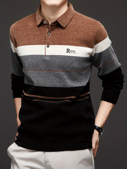 Herren Winter Polo-Pullover mit Kragen, gestreiftes Design und warmem Innenfutter