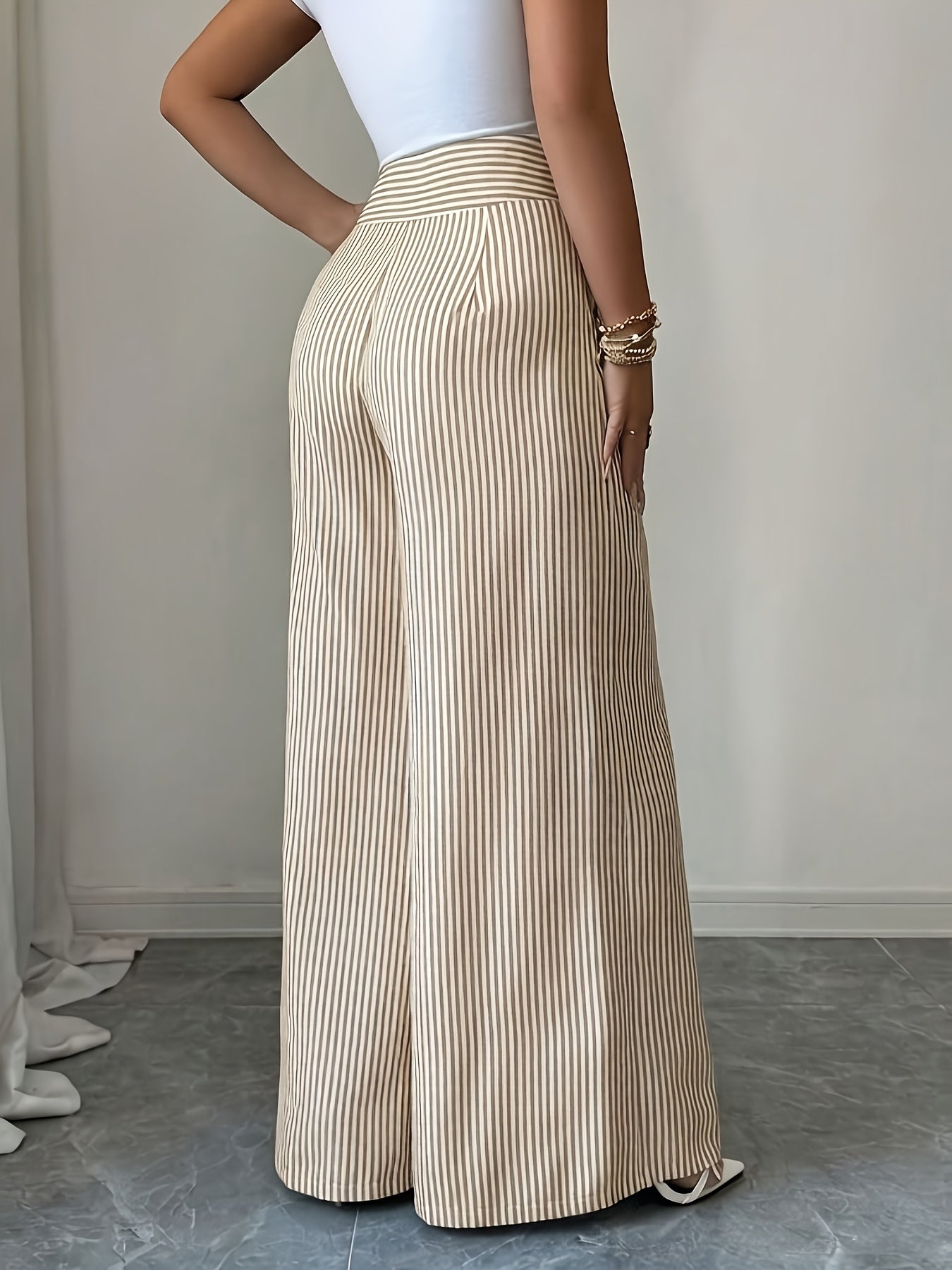 Damen Weitbeinige High-Waist Maritim-Hose mit Streifen und Knopfdetails – Eleganter Büro- und Freizeit-Look