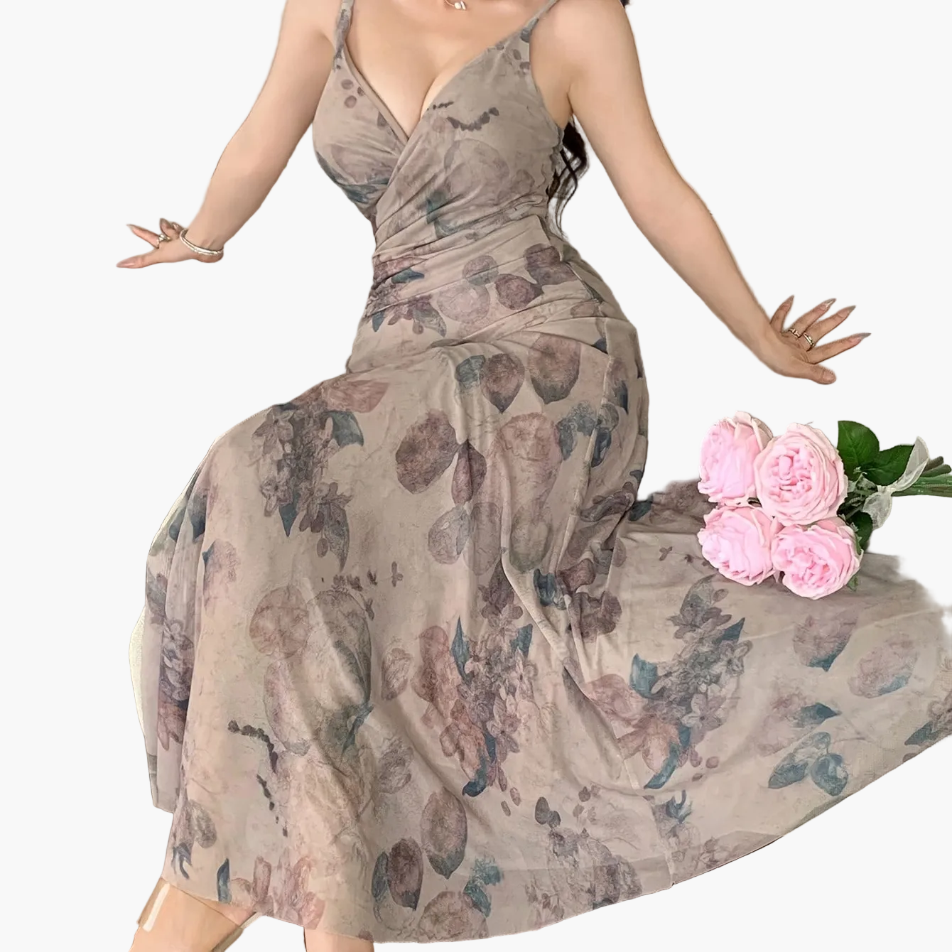 Damen Elegantes Maxikleid mit Blumenmuster und V-Ausschnitt für besondere Anlässe