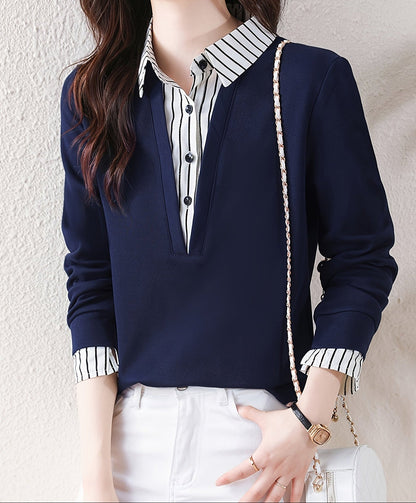 Damen Sweatshirt Blusen-Optik Langarm gestreifter Kragen