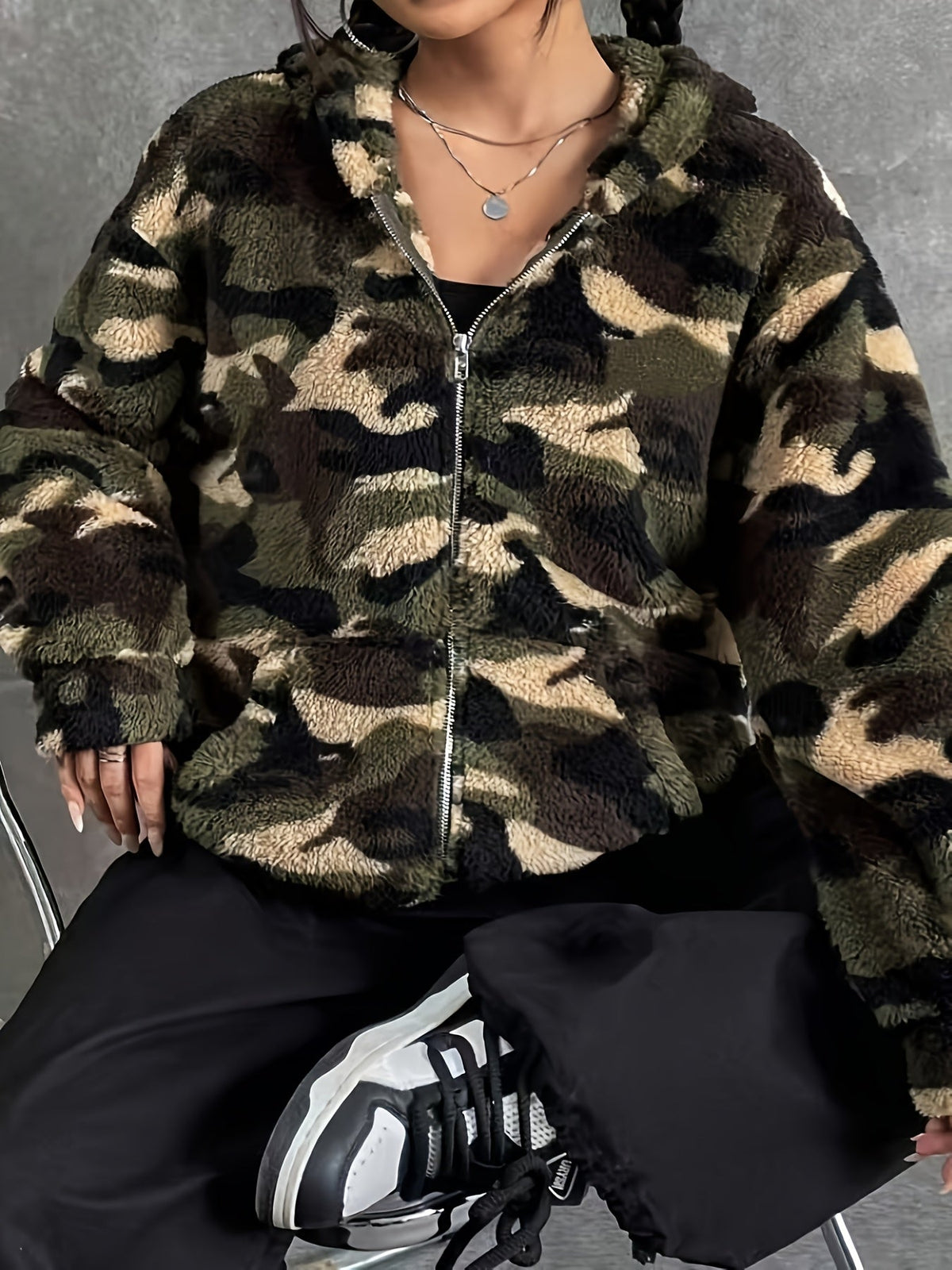 Damen Teddyfell Kapuzenjacke Camouflage Muster mit Reißverschluss