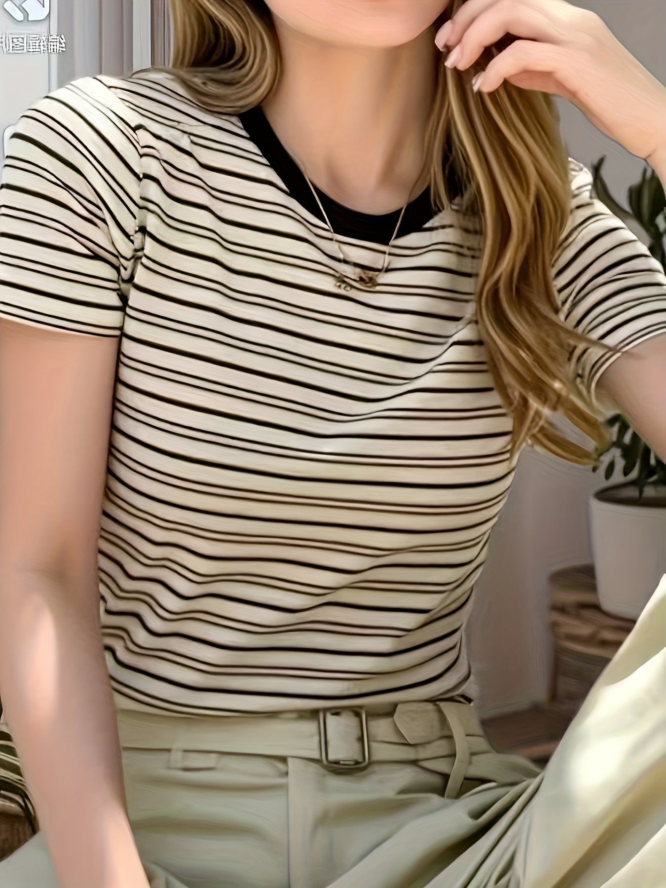 Damen Kurzarm Streifen T-Shirt mit Rundhalsausschnitt – Eleganter Alltags-Look