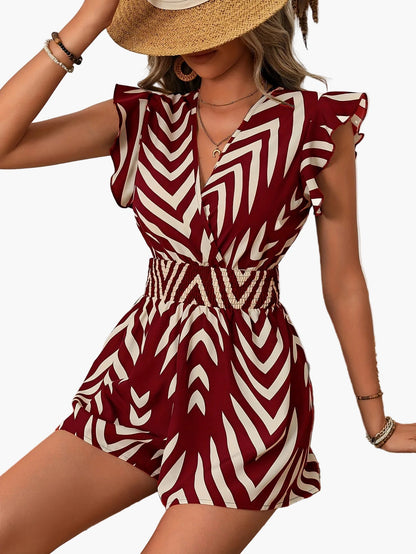 Damen Sommer Playsuit Elegant mit V-Ausschnitt und Rüschenärmeln – Ideal für Urlaub und Freizeit