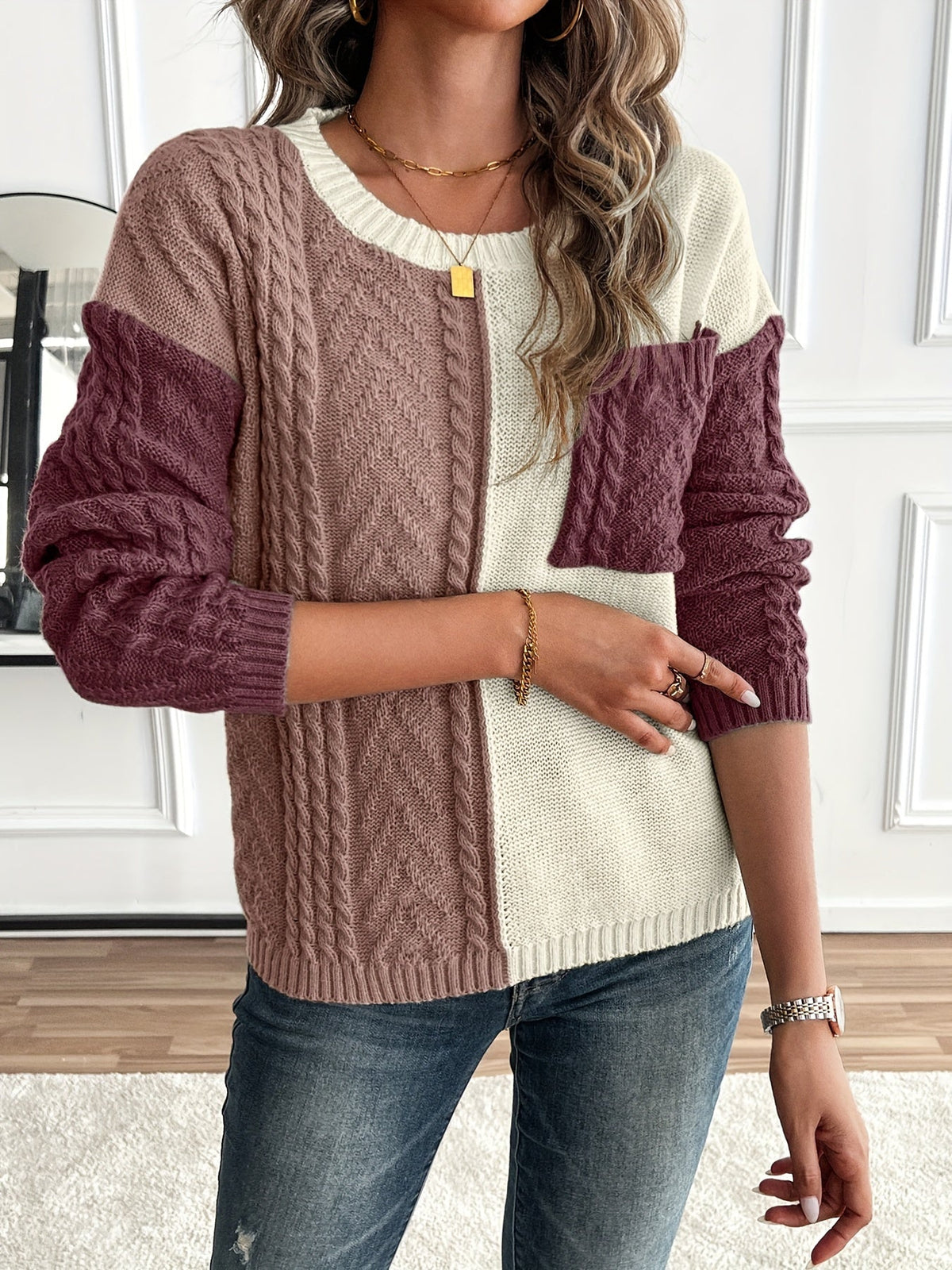 Damen Patchwork Strickpullover mit Rundhalsausschnitt und Zopfmuster