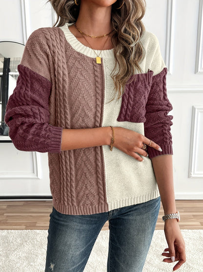 Damen Patchwork Strickpullover mit Rundhalsausschnitt und Zopfmuster