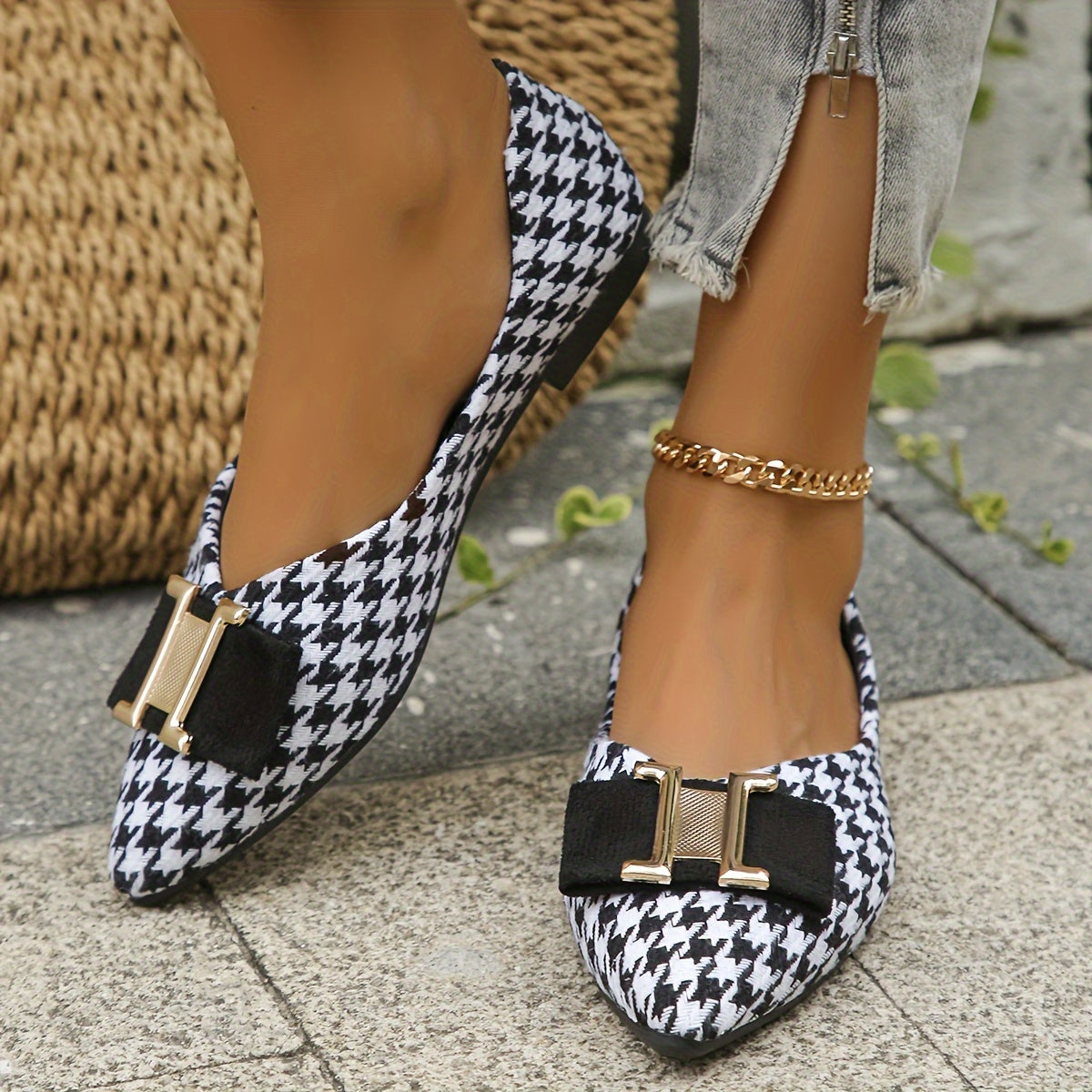 Damen Elegante Houndstooth Ballerinas mit Schleifen-Detail – Modische Flats für Alltag und Büro
