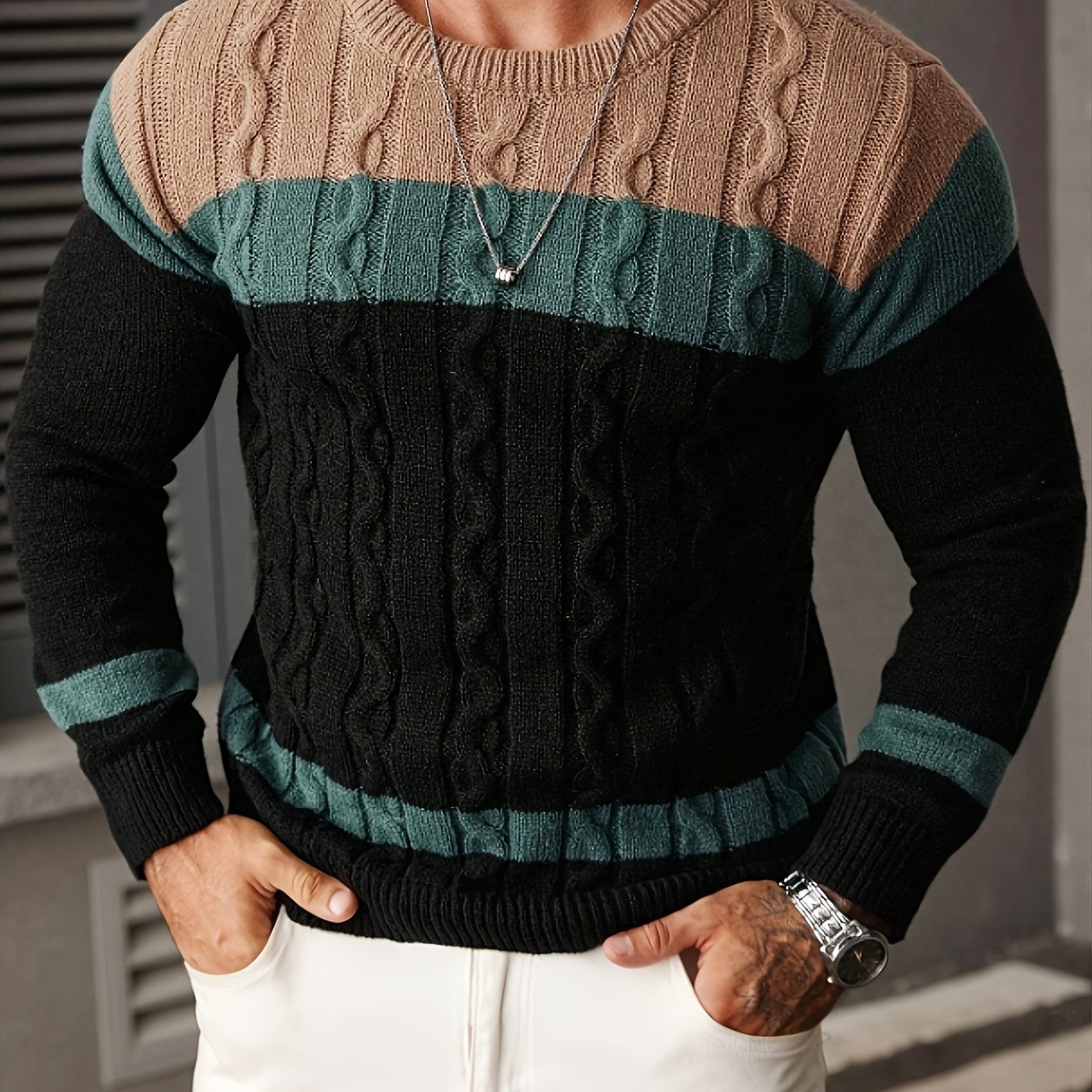 Herren Grobstrick Pullover mit Zopfmuster und Farbblöcken