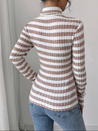 Damen Rollkragenpullover Gerippt Gestreift Langarm Oberteil