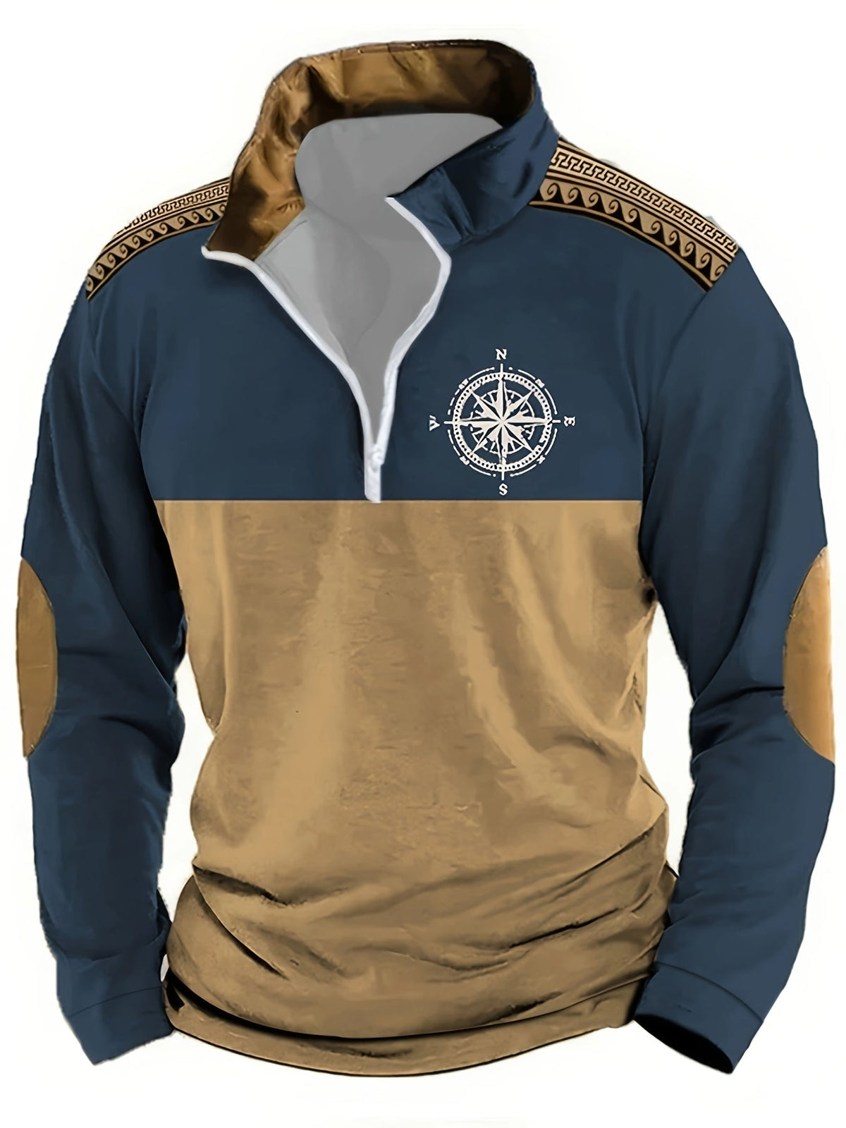 Herren Halbarm-Pullover mit Reißverschluss, Kompass-Motiv & Ellbogen-Patches, Zweifarbig